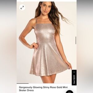 LULU’S- Gorgeously Glowing Shiny Rose Gold Mini Skater Dress - NWT